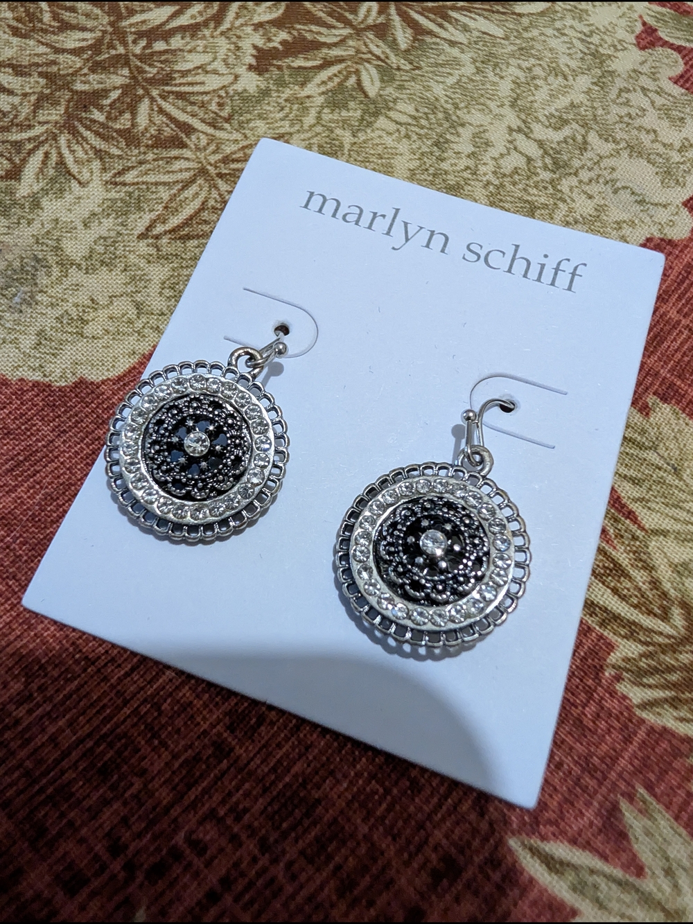 Marlyn Schiff Silver and Black Layered Medallion Drop Earrings